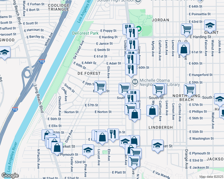 map of restaurants, bars, coffee shops, grocery stores, and more near 417 East Hullett Street in Long Beach