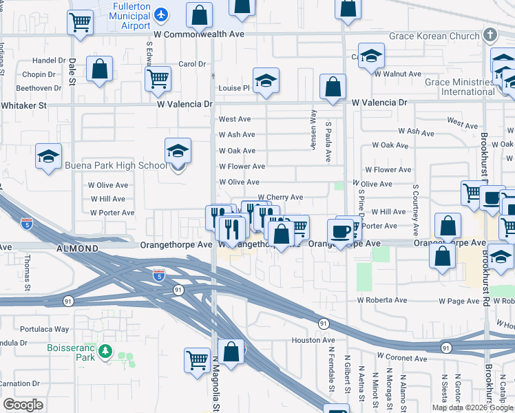 map of restaurants, bars, coffee shops, grocery stores, and more near 2641 West Hill Avenue in Fullerton