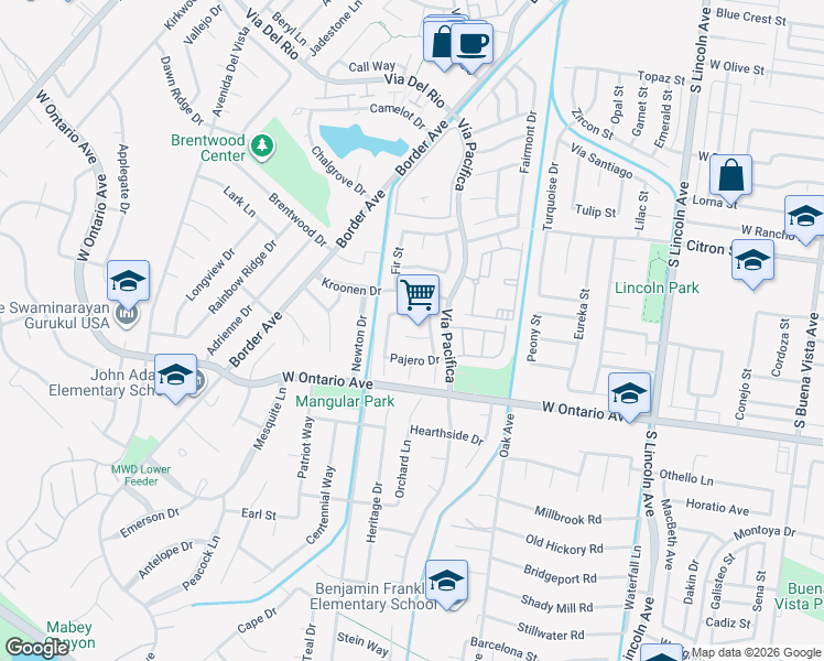 map of restaurants, bars, coffee shops, grocery stores, and more near 1339 Casitas Circle in Corona