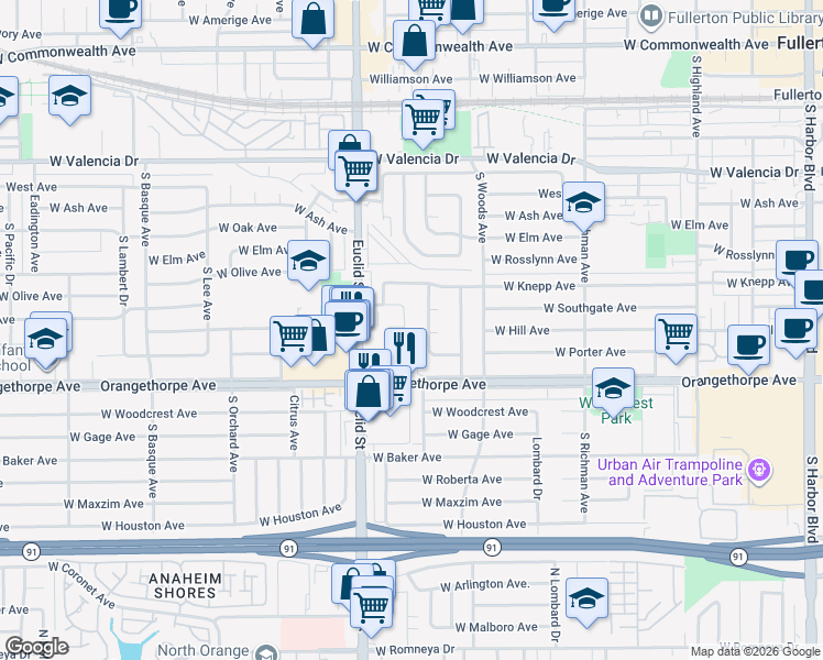 map of restaurants, bars, coffee shops, grocery stores, and more near 906 Hill Avenue in Fullerton