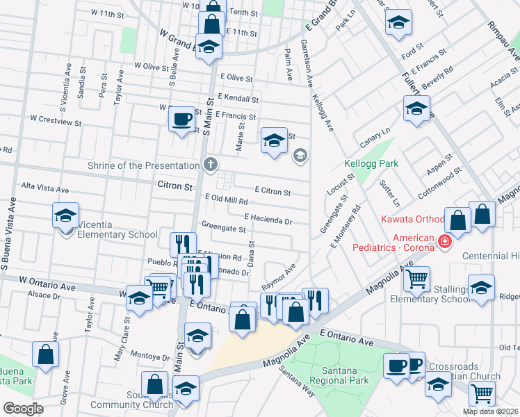map of restaurants, bars, coffee shops, grocery stores, and more near 370 East Old Mill Road in Corona