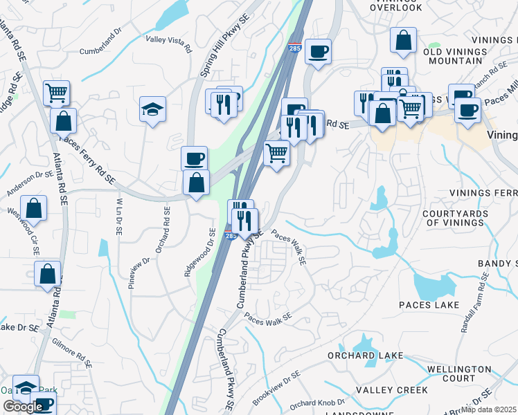 map of restaurants, bars, coffee shops, grocery stores, and more near 2401 Cumberland Parkway Southeast in Atlanta