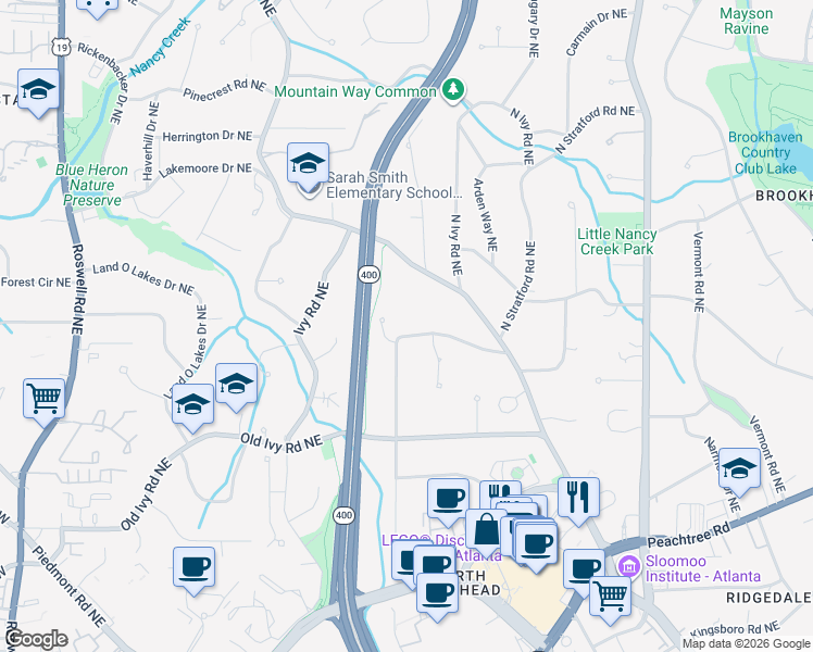 map of restaurants, bars, coffee shops, grocery stores, and more near 3818 North Stratford Road Northeast in Atlanta