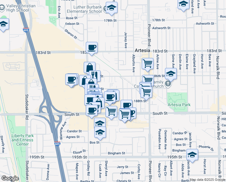 map of restaurants, bars, coffee shops, grocery stores, and more near 18718 West Place in Artesia