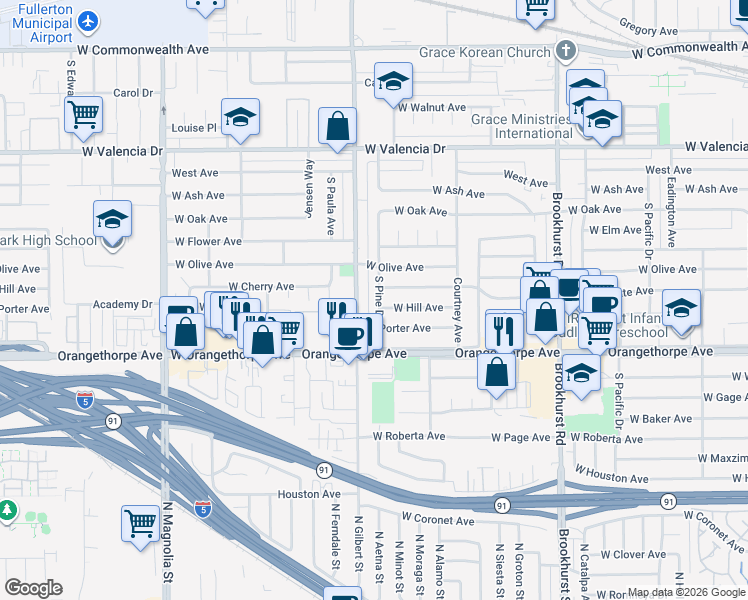 map of restaurants, bars, coffee shops, grocery stores, and more near 1013 South Pine Drive in Fullerton