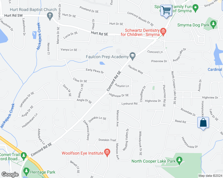 map of restaurants, bars, coffee shops, grocery stores, and more near 298 Concord Road Southeast in Smyrna