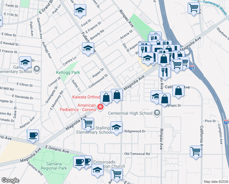 map of restaurants, bars, coffee shops, grocery stores, and more near 851 Tangerine Street in Corona