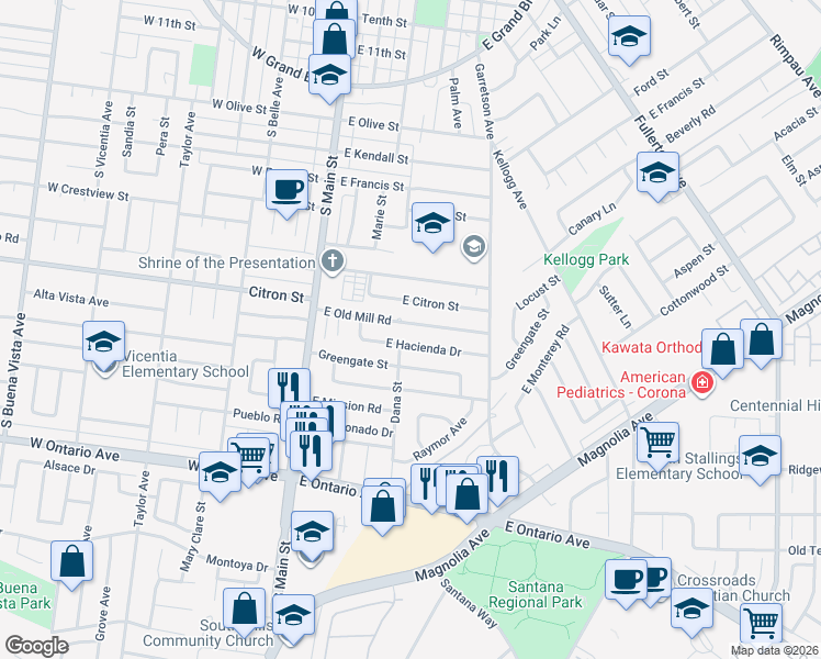 map of restaurants, bars, coffee shops, grocery stores, and more near 370 East Old Mill Road in Corona