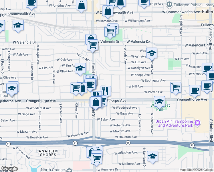 map of restaurants, bars, coffee shops, grocery stores, and more near 906 Hill Avenue in Fullerton