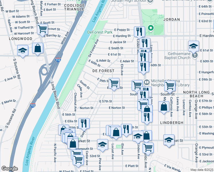 map of restaurants, bars, coffee shops, grocery stores, and more near 225 East Hullett Street in Long Beach