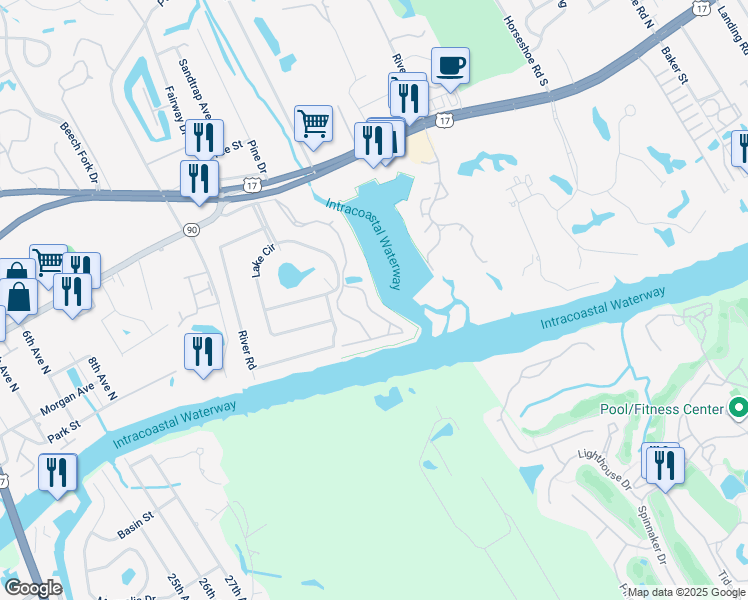map of restaurants, bars, coffee shops, grocery stores, and more near 16D Villa Drive in North Myrtle Beach