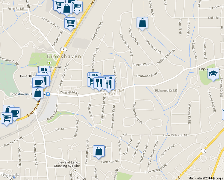 map of restaurants, bars, coffee shops, grocery stores, and more near 1438 Dresden Drive in Atlanta