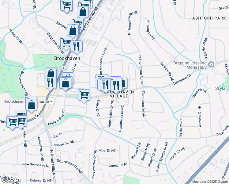 map of restaurants, bars, coffee shops, grocery stores, and more near 1438 Dresden Drive in Atlanta