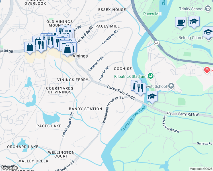 map of restaurants, bars, coffee shops, grocery stores, and more near 4230 Paces Ferry Road Southeast in Atlanta