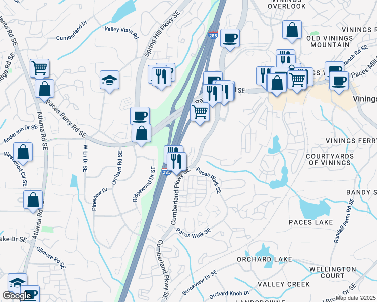 map of restaurants, bars, coffee shops, grocery stores, and more near 2401 Cumberland Parkway Southeast in Atlanta