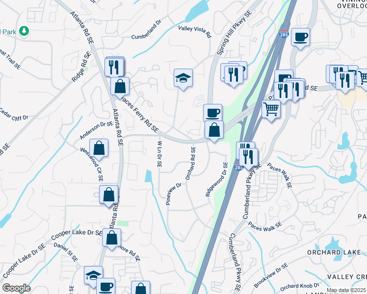 map of restaurants, bars, coffee shops, grocery stores, and more near 2322 Paces Ferry Road Southeast in Smyrna