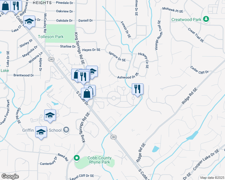 map of restaurants, bars, coffee shops, grocery stores, and more near 7058 Roundtable Court Southeast in Smyrna