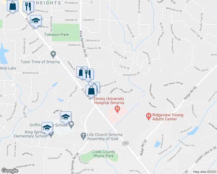 map of restaurants, bars, coffee shops, grocery stores, and more near 1295 South Lea Court Southeast in Smyrna