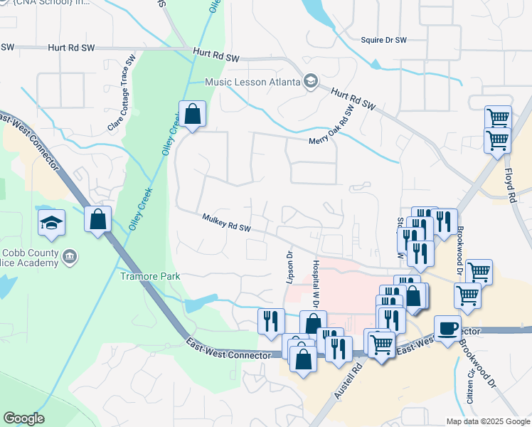 map of restaurants, bars, coffee shops, grocery stores, and more near 3700 Mulkey Circle Southwest in Austell