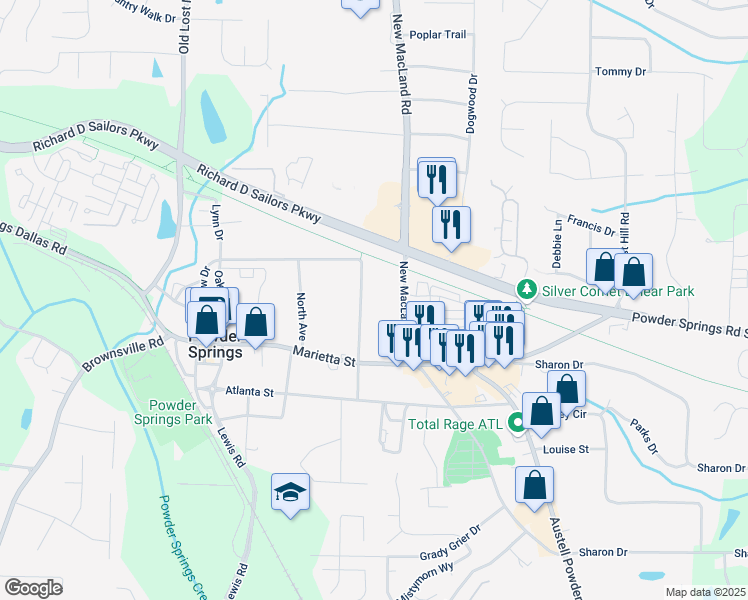 map of restaurants, bars, coffee shops, grocery stores, and more near 3831 Dillard Street in Powder Springs