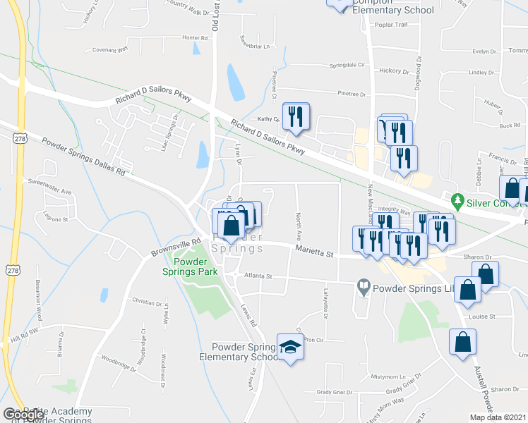 map of restaurants, bars, coffee shops, grocery stores, and more near 4410 George David Way in Powder Springs
