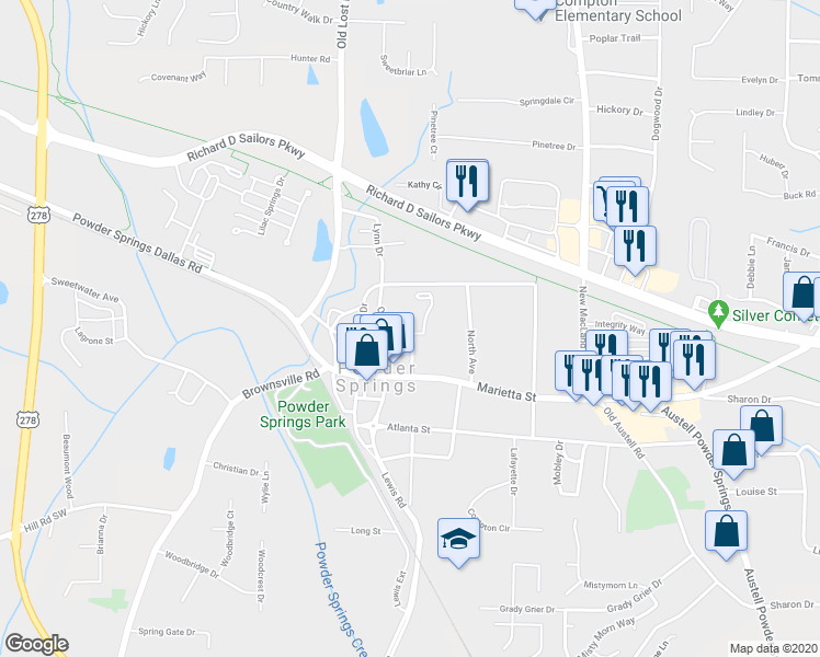 map of restaurants, bars, coffee shops, grocery stores, and more near 4410 George David Way in Powder Springs
