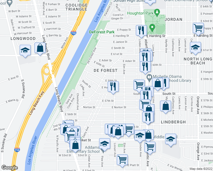map of restaurants, bars, coffee shops, grocery stores, and more near 217 East Hullett Street in Long Beach