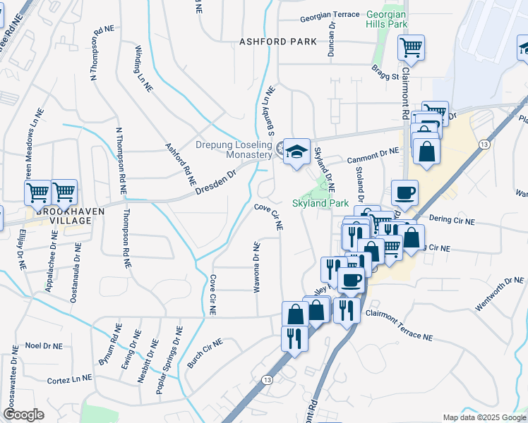 map of restaurants, bars, coffee shops, grocery stores, and more near 2603 Cove Circle Northeast in Atlanta