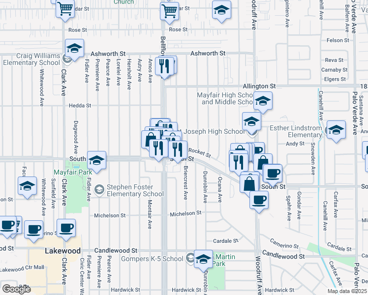 map of restaurants, bars, coffee shops, grocery stores, and more near 5822 Adenmoor Avenue in Lakewood