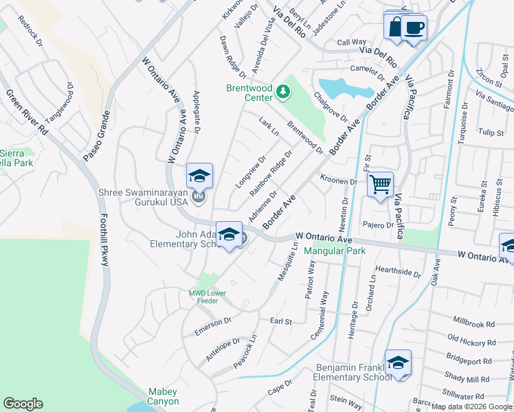map of restaurants, bars, coffee shops, grocery stores, and more near 2232 Adrienne Drive in Corona