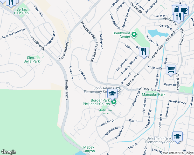 map of restaurants, bars, coffee shops, grocery stores, and more near 1963 West Ontario Avenue in Corona