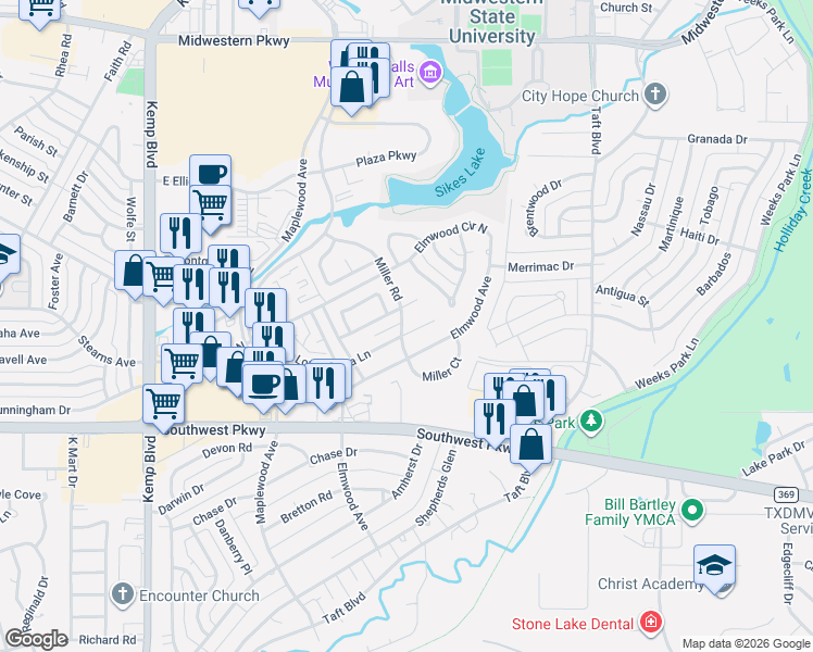 map of restaurants, bars, coffee shops, grocery stores, and more near 1 Spring Park Lane in Wichita Falls