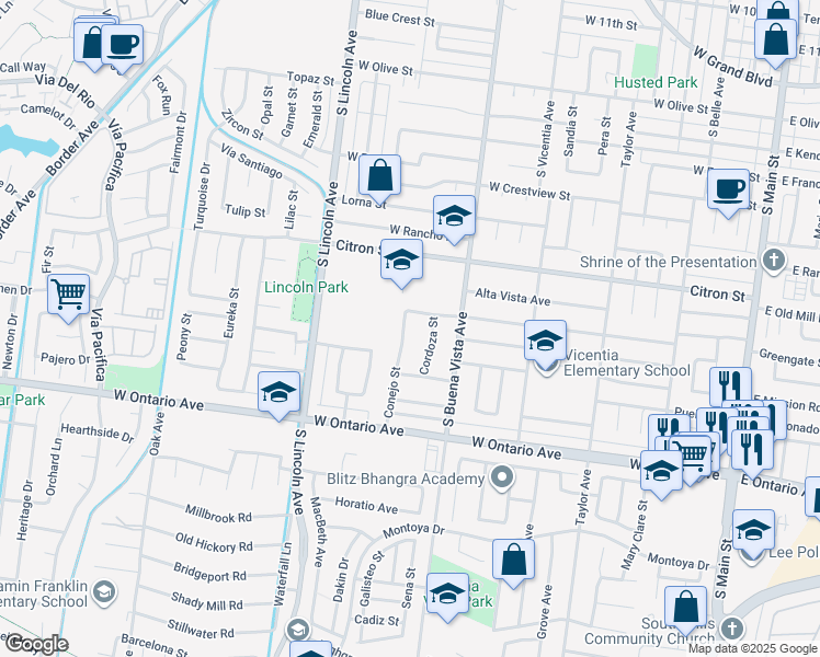 map of restaurants, bars, coffee shops, grocery stores, and more near 1957 Conejo Street in Corona