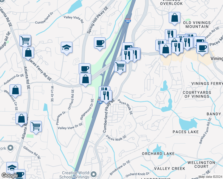 map of restaurants, bars, coffee shops, grocery stores, and more near 2401 Cumberland Parkway Southeast in Atlanta