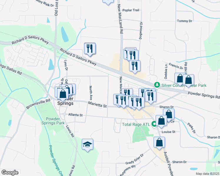map of restaurants, bars, coffee shops, grocery stores, and more near 3831 Dillard Street in Powder Springs