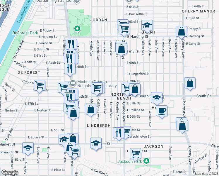 map of restaurants, bars, coffee shops, grocery stores, and more near 5855 Lemon Avenue in Long Beach
