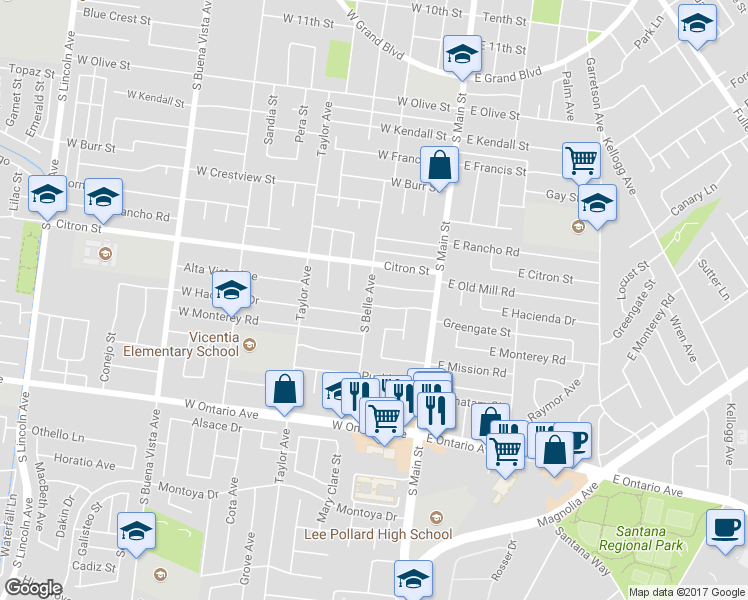 map of restaurants, bars, coffee shops, grocery stores, and more near 229 West Hacienda Drive in Corona