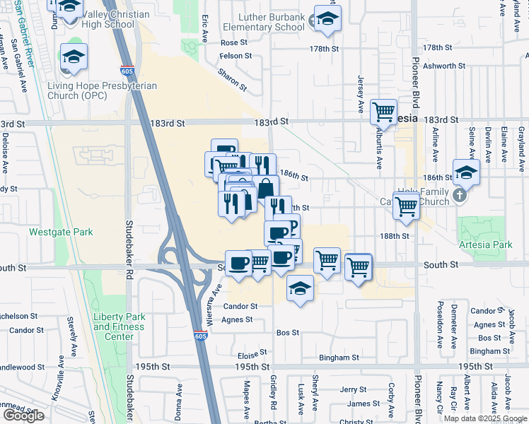 map of restaurants, bars, coffee shops, grocery stores, and more near 18711 Gridley Road in Cerritos
