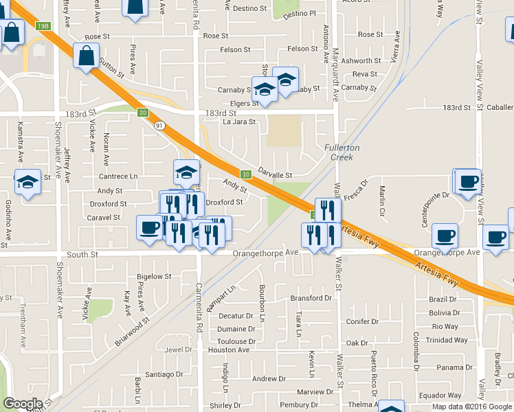 map of restaurants, bars, coffee shops, grocery stores, and more near 13617 Edgefield Street in Cerritos