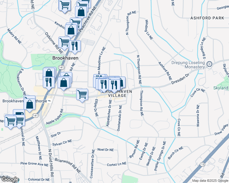 map of restaurants, bars, coffee shops, grocery stores, and more near 1438 Dresden Drive in Atlanta