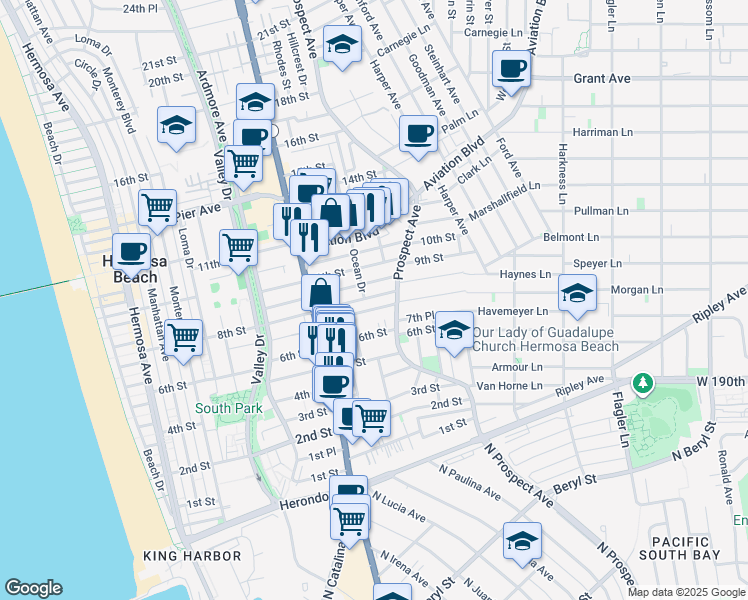 map of restaurants, bars, coffee shops, grocery stores, and more near 1026 8th Street in Hermosa Beach