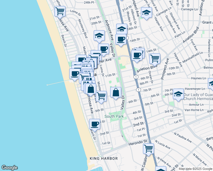 map of restaurants, bars, coffee shops, grocery stores, and more near 948 Loma Drive in Hermosa Beach