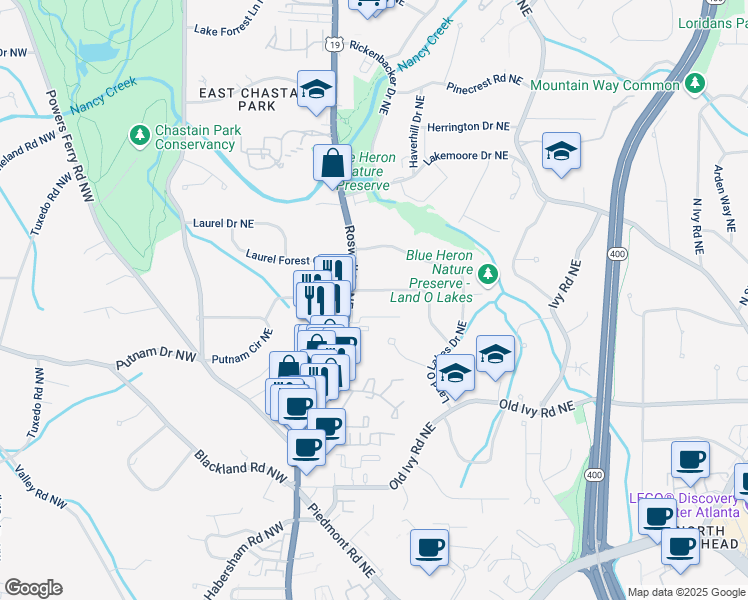 map of restaurants, bars, coffee shops, grocery stores, and more near 4004 Sheldon Drive Northeast in Atlanta