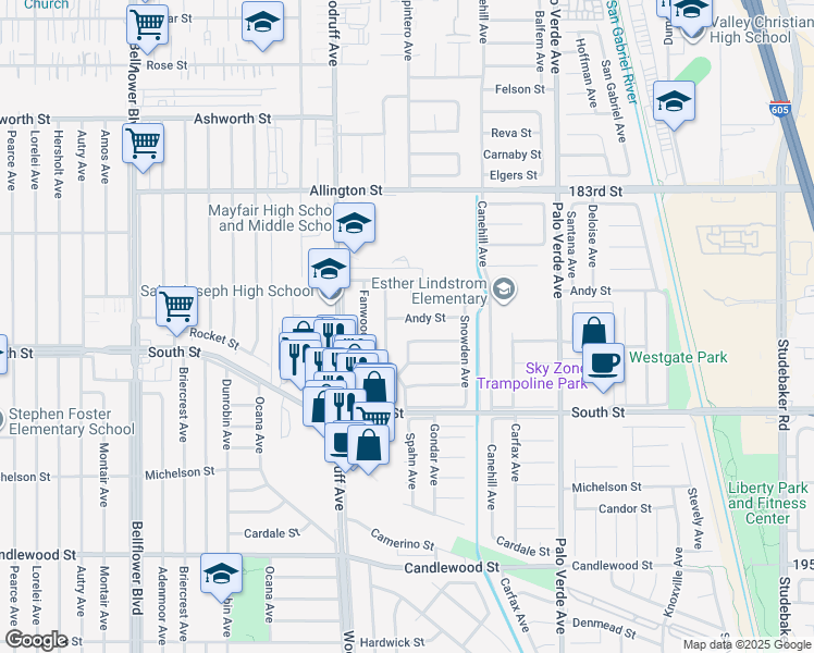 map of restaurants, bars, coffee shops, grocery stores, and more near 6022 Andy Street in Lakewood