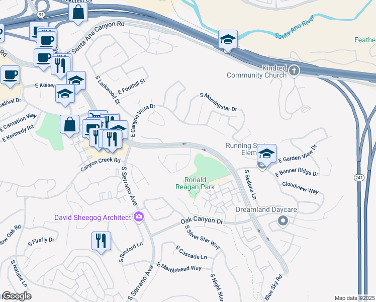map of restaurants, bars, coffee shops, grocery stores, and more near 892 South Briar Rose Lane in Anaheim