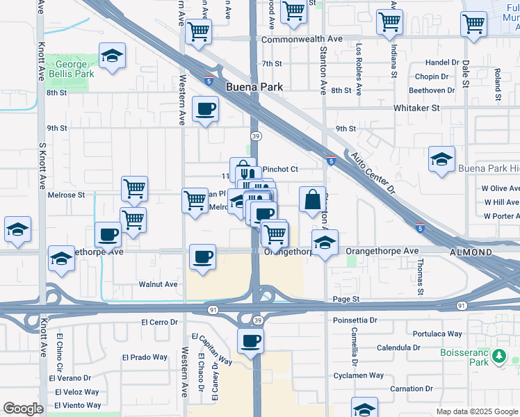 map of restaurants, bars, coffee shops, grocery stores, and more near 7762 Melrose Street in Buena Park