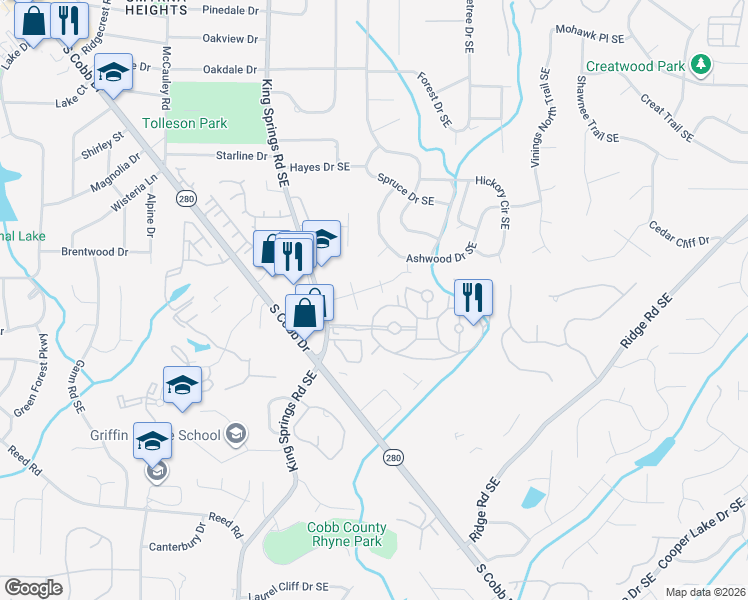 map of restaurants, bars, coffee shops, grocery stores, and more near 1295 South Lea Court Southeast in Smyrna