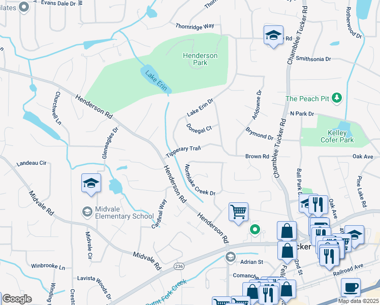map of restaurants, bars, coffee shops, grocery stores, and more near 3963 Tipperary Trail in Tucker