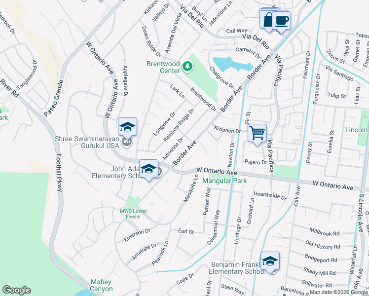 map of restaurants, bars, coffee shops, grocery stores, and more near 2102 Border Avenue in Corona
