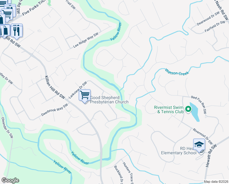 map of restaurants, bars, coffee shops, grocery stores, and more near 1406 Larkview Drive Southwest in Lilburn